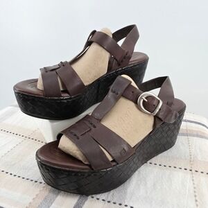 Born B.O.C Womens Brown Leather Woven Platform Wedge Sandals T-Strap Size 8 EU39